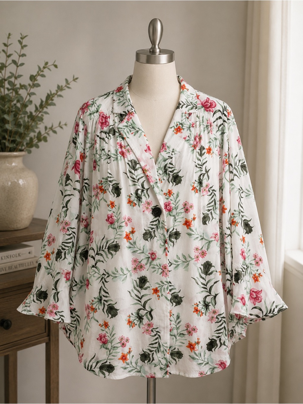 Style & Co. White Floral Pintuck Tunic with Pink & Orange Blooms